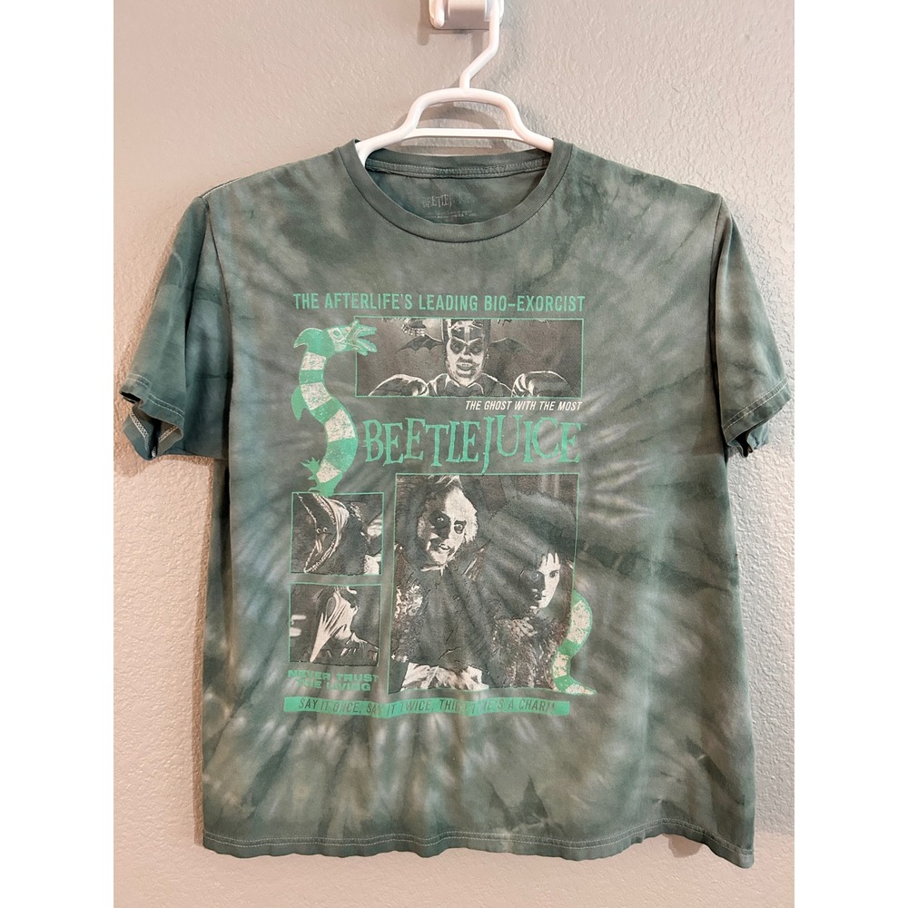Beetlejuice Graphic Tie Dye T-Shirt Mens Large Green Grey Bio-Exorcist Movie Tee